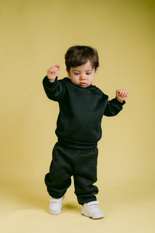 Fleeced Black Cotton Hoodie Set