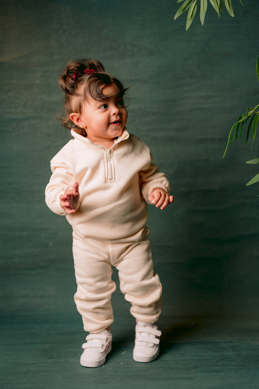 Fleeced Beige Half Zipper Set