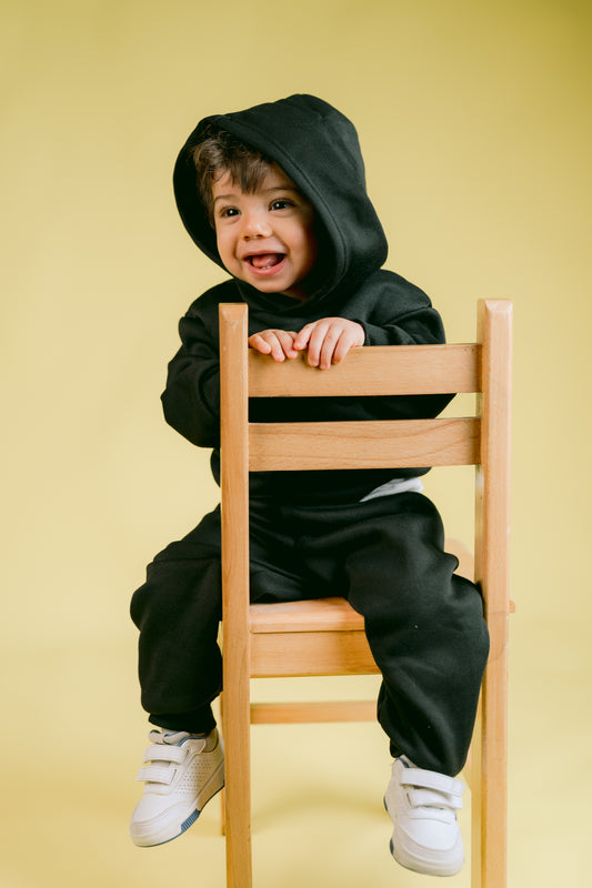 Fleeced Black Cotton Hoodie Set