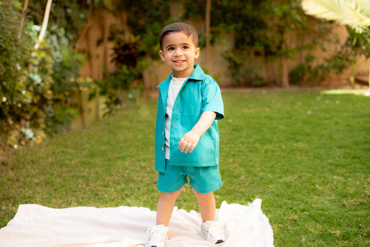 Blue Linen Jacket & Shorts Set