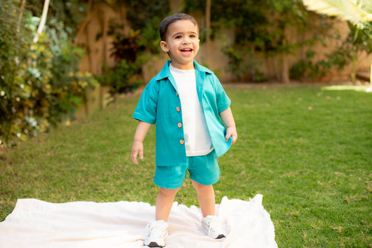 Blue Linen Jacket & Shorts Set