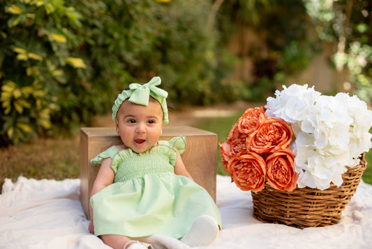 Green Linen Dress with Hair Bow