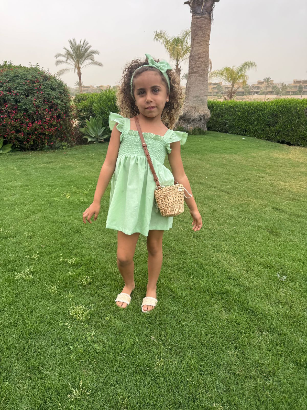Green Linen Dress with Hair Bow
