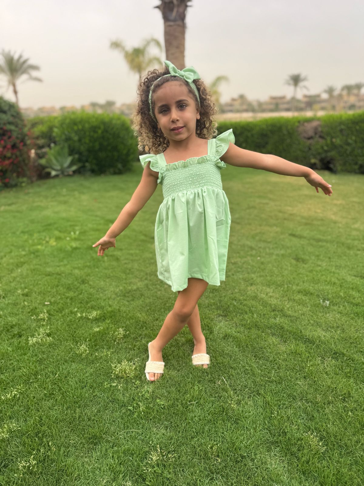 Green Linen Dress with Hair Bow